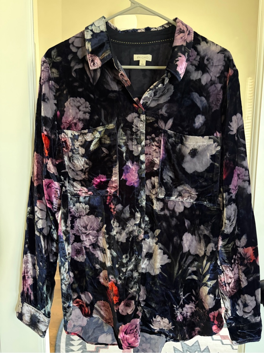 Pilcro Velvet Floral Button-Down Shirt - Black with Purple and Pink Accents